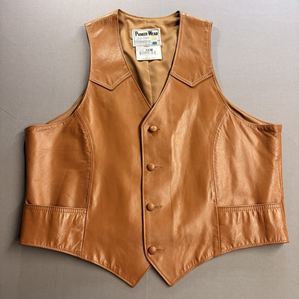 Vintage Pioneer Wear Genuine Leather Western Vest Mens 44 Tan Brown USA Cowboy